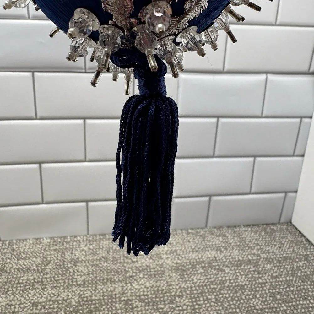 Vtg Silky Blue Christmas Ornament ‎ Pin Satin Beaded With Tassel Unique